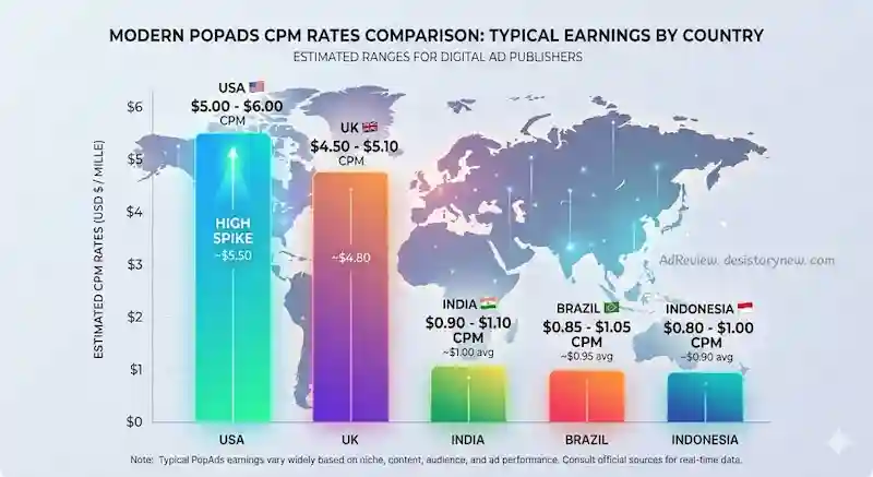Modern infographic bar chart visually comparing PopAds average CPM rates for Tier 1 (USA, UK) versus Tier 3 countries (India, Brazil, Indonesia)