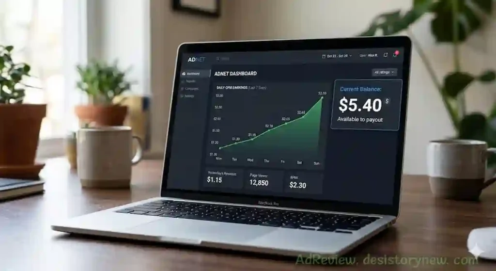 Realistic publisher dashboard screenshot showing a rising daily earnings graph and a current balance above the $5 PopAds minimum payout.