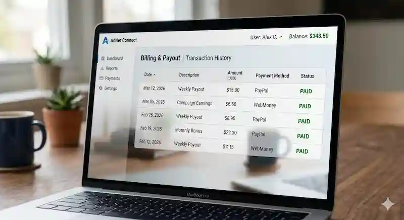Close-up shot of a billing dashboard showing confirmed PayPal and WebMoney payment proof for different dates, highlighting a 'PAID' status.
