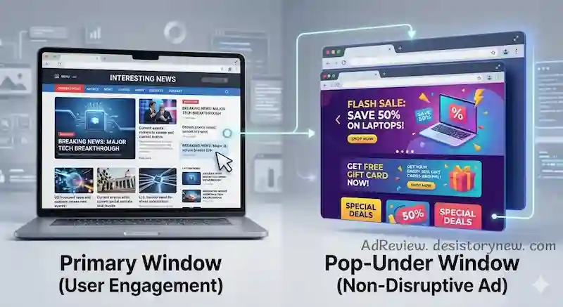 Infographic illustration explaining how a pop-under ad loads behind the main browser window, demonstrating PopAds functionality.